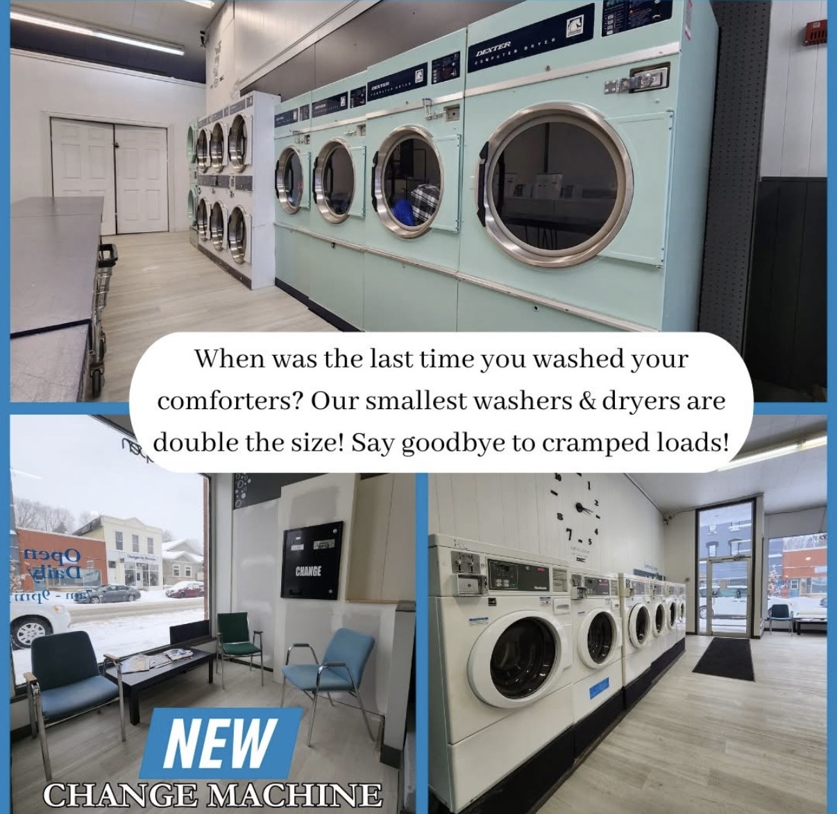 Aqua commercial washers and dryers inside our laundromat